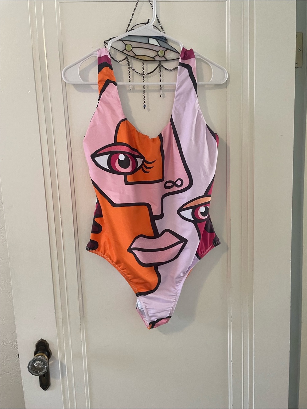 Colorblock Abstract Face One-Piece Swimsuit - Pink & Orange - Picture 1 of 2